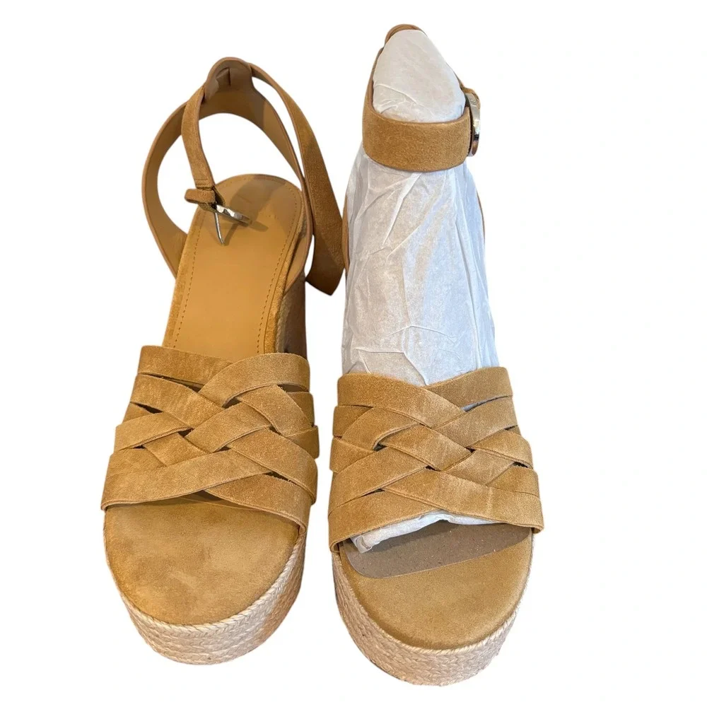 NIB Marc Fisher LTD Oaten Tan Suede Espadrille Platform Wedge Sandals 8.5M